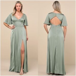 LULU’S Elegant Confidence Sage Satin Flutter Sleeve Cutout Maxi Dress